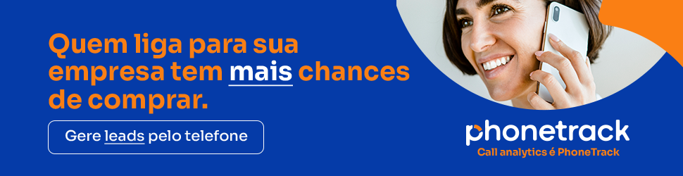 Imagem com o fundo azul. Contém escrito: Quem liga para a sua empresa tem mais chances de comprar, com um botão escrito: Gere Leads pelo telefone. Ao lado, a logo da PhoneTrack.